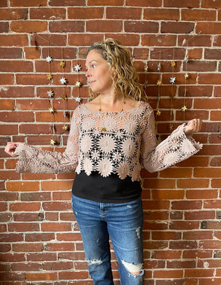 Bohemian Bell Sleeve Crochet Crop Top Layer -Light Mocha