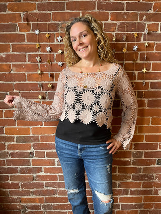 Bohemian Bell Sleeve Crochet Crop Top Layer -Light Mocha