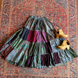 Free Size Festival Patchwork Spin Skirt - Gray/Blues
