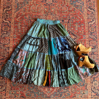 Free Size Festival Patchwork Spin Skirt - Blues