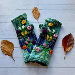 Floral Vine Fleece Lined Wool Handwarmers / Fingerless Gloves