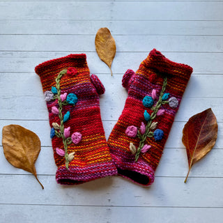 Floral Vine Fleece Lined Wool Handwarmers / Fingerless Gloves