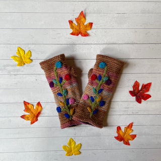 Floral Vine Fleece Lined Wool Handwarmers / Fingerless Gloves