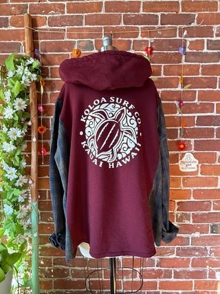 OOAK Autumn Collection- Size Large Upcycled Koloa Surf Co Hybrid Sweatshirt Hoodie and Flannel with Crochet Detail
