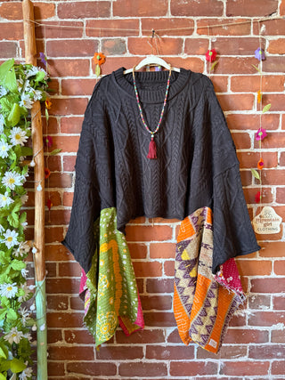 OOAK Autumn Collection- Knit Sweater Birdsong Wing Sleeve Style Kantha Poncho