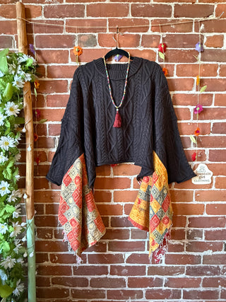 OOAK Autumn Collection- Knit Sweater Birdsong Wing Sleeve Style Kantha Poncho