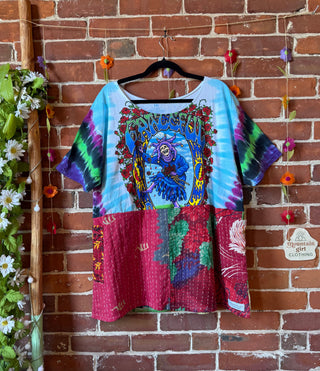 OOAK Autumn Collection - Upcycled Grateful Dead Inspired Kantha Hybrid T-Shirt with Side Pockets