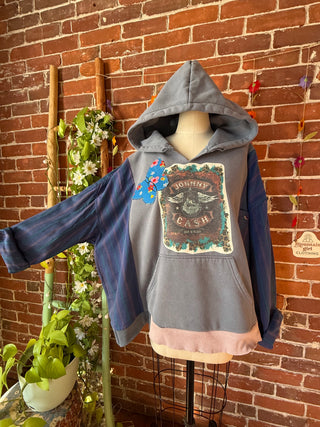 OOAK Autumn Collection- Upcycled Johnny Cash Inspired Hoodie with Plaid Sleeve Hybrid