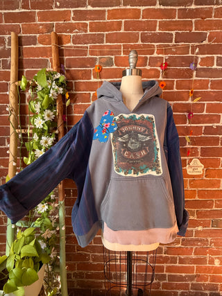 OOAK Autumn Collection- Upcycled Johnny Cash Inspired Hoodie with Plaid Sleeve Hybrid