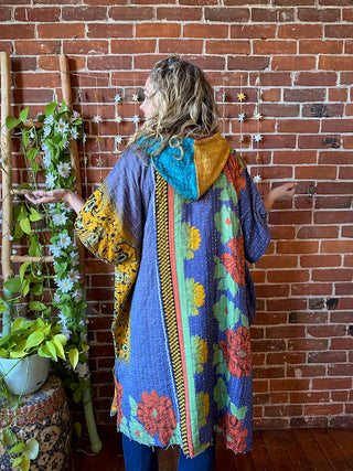 Sierra Dreams Upcycled Cotton Kantha Poncho Tunic Hoodie