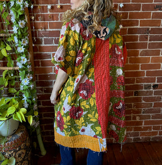 Sierra Dreams Upcycled Cotton Kantha Poncho Tunic Hoodie