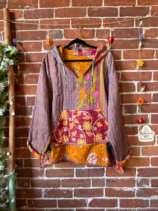 Wander Free Upcycled Hi Lo Hem Kantha Hoodie - 100% Cotton