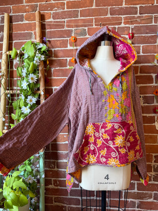 Wander Free Upcycled Hi Lo Hem Kantha Hoodie - 100% Cotton