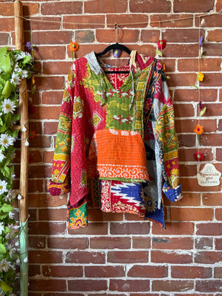 Wander Free Upcycled Hi Lo Hem Kantha Hoodie - 100% Cotton
