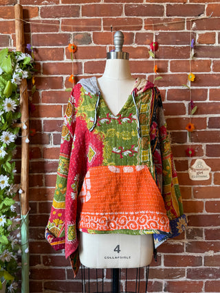 Wander Free Upcycled Hi Lo Hem Kantha Hoodie - 100% Cotton