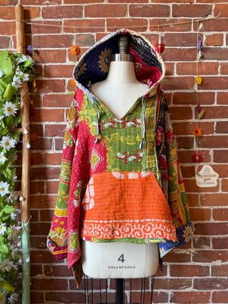 Wander Free Upcycled Hi Lo Hem Kantha Hoodie - 100% Cotton