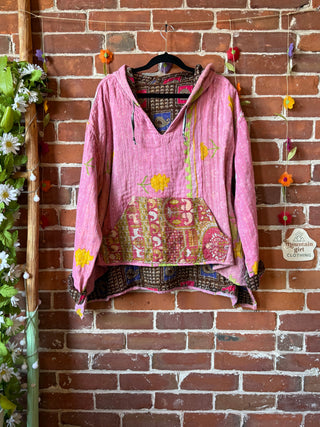 Wander Free Upcycled Hi Lo Hem Kantha Hoodie - 100% Cotton