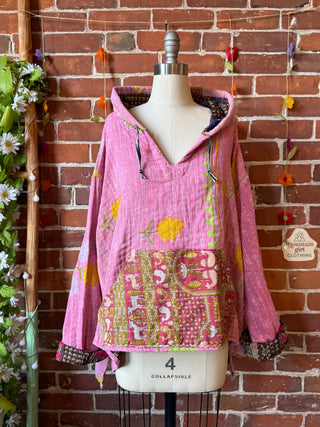 Wander Free Upcycled Hi Lo Hem Kantha Hoodie - 100% Cotton