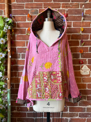 Wander Free Upcycled Hi Lo Hem Kantha Hoodie - 100% Cotton