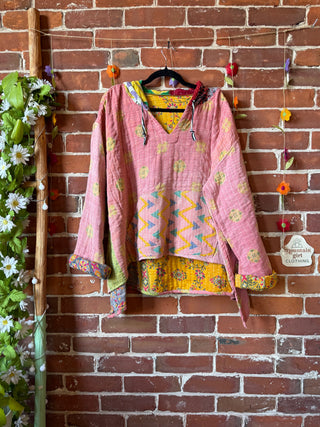 Wander Free Upcycled Hi Lo Hem Kantha Hoodie - 100% Cotton