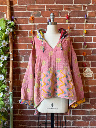 Wander Free Upcycled Hi Lo Hem Kantha Hoodie - 100% Cotton