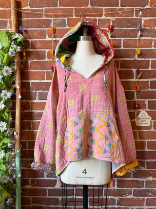 Wander Free Upcycled Hi Lo Hem Kantha Hoodie - 100% Cotton