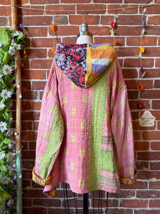 Wander Free Upcycled Hi Lo Hem Kantha Hoodie - 100% Cotton
