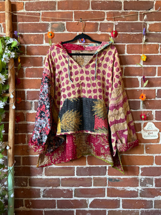 Wander Free Upcycled Hi Lo Hem Kantha Hoodie - 100% Cotton