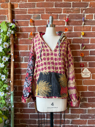 Wander Free Upcycled Hi Lo Hem Kantha Hoodie - 100% Cotton