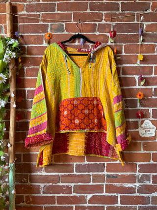 Wander Free Upcycled Hi Lo Hem Kantha Hoodie - 100% Cotton