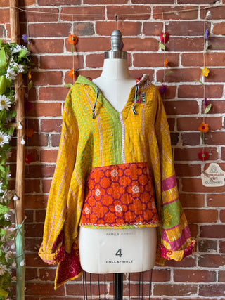 Wander Free Upcycled Hi Lo Hem Kantha Hoodie - 100% Cotton