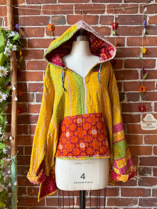 Wander Free Upcycled Hi Lo Hem Kantha Hoodie - 100% Cotton