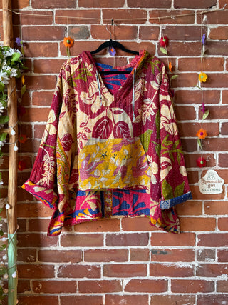 Wander Free Upcycled Hi Lo Hem Kantha Hoodie - 100% Cotton