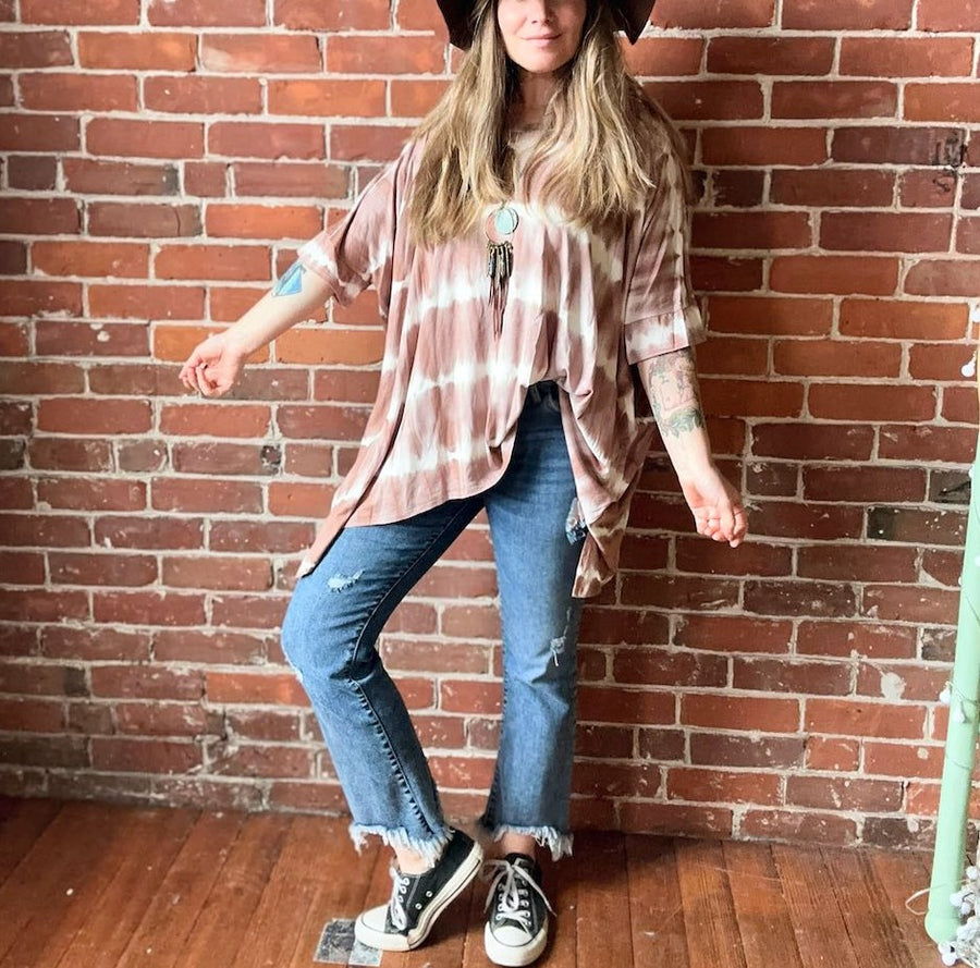 Sierra Tie Dye Buttery Soft Flowy Round Neck Tunic Top In Mocha - Multiple Sizes Available