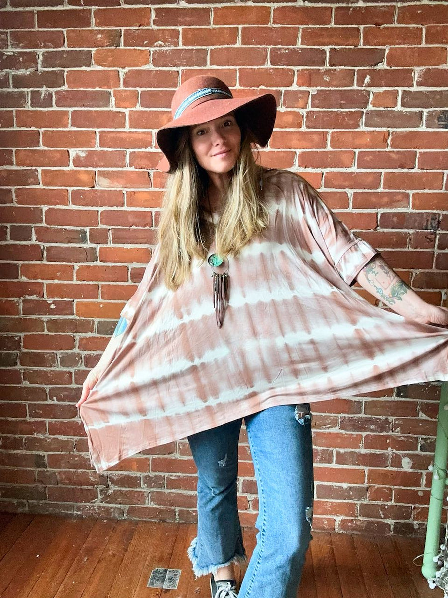 Sierra Tie Dye Buttery Soft Flowy Round Neck Tunic Top In Mocha - Multiple Sizes Available
