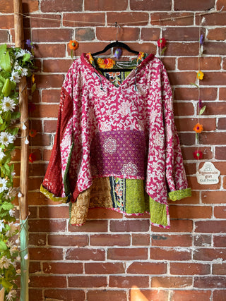 Wander Free Upcycled Hi Lo Hem Kantha Hoodie - 100% Cotton