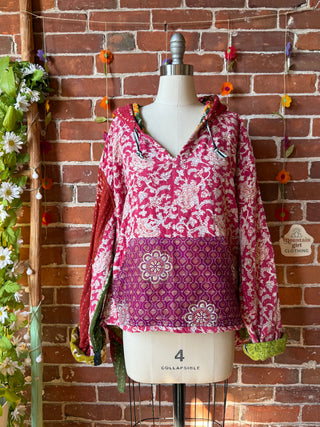 Wander Free Upcycled Hi Lo Hem Kantha Hoodie - 100% Cotton