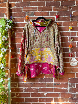 Wander Free Upcycled Hi Lo Hem Kantha Hoodie - 100% Cotton