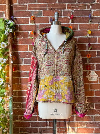 Wander Free Upcycled Hi Lo Hem Kantha Hoodie - 100% Cotton