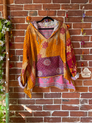 Wander Free Upcycled Hi Lo Hem Kantha Hoodie - 100% Cotton