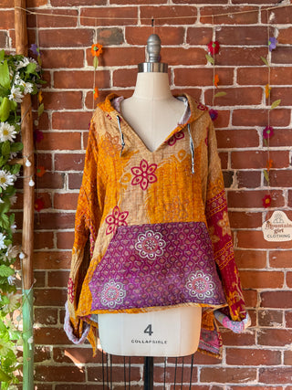 Wander Free Upcycled Hi Lo Hem Kantha Hoodie - 100% Cotton