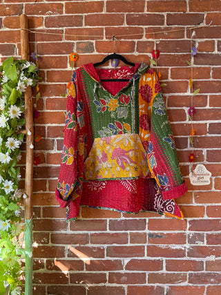 Wander Free Upcycled Hi Lo Hem Kantha Hoodie - 100% Cotton