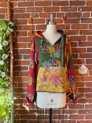 Wander Free Upcycled Hi Lo Hem Kantha Hoodie - 100% Cotton