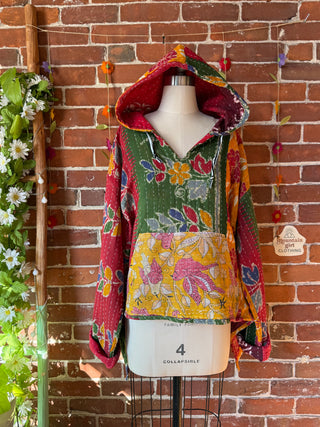 Wander Free Upcycled Hi Lo Hem Kantha Hoodie - 100% Cotton