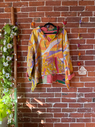 Wander Free Upcycled Hi Lo Hem Kantha Hoodie - 100% Cotton