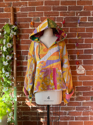 Wander Free Upcycled Hi Lo Hem Kantha Hoodie - 100% Cotton