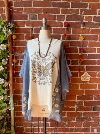 OOAK Spring Collection - Upcycled Mystical Butterfly Blue Daisy Embroidered Poncho