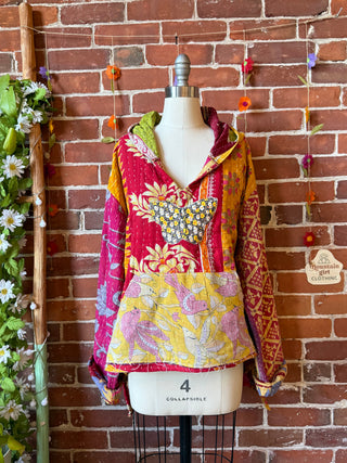 Wander Free Upcycled Hi Lo Hem Kantha Hoodie with butterfly - 100% Cotton