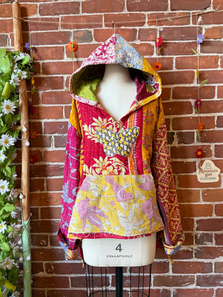 Wander Free Upcycled Hi Lo Hem Kantha Hoodie with butterfly - 100% Cotton