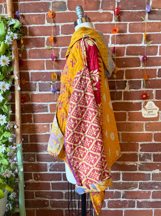 Wander Free Upcycled Hi Lo Hem Kantha Hoodie with butterfly - 100% Cotton